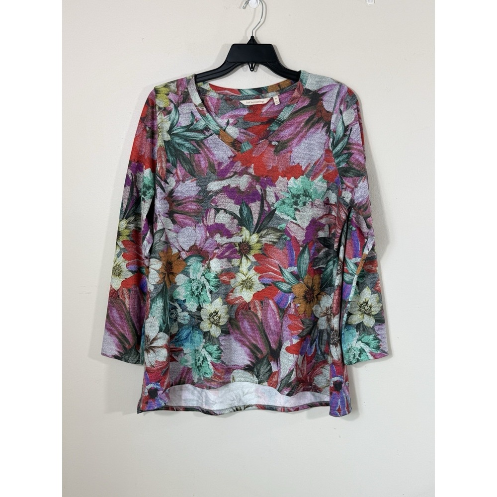 Soft Surroundings Floral Knit Top Women XL V Neck Stretch Cottagecore Artsy